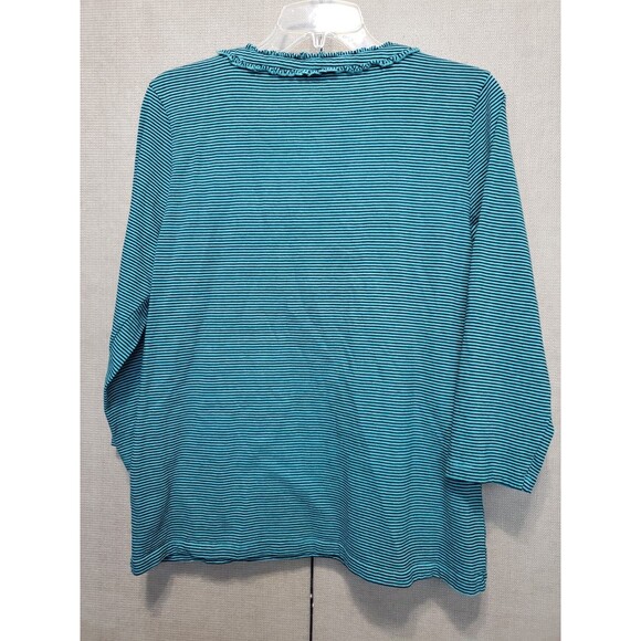 Talbots Cotton Green Striped Ruffle Neck 3/4 Sleeve Top Size Large - Picture 5 of 6